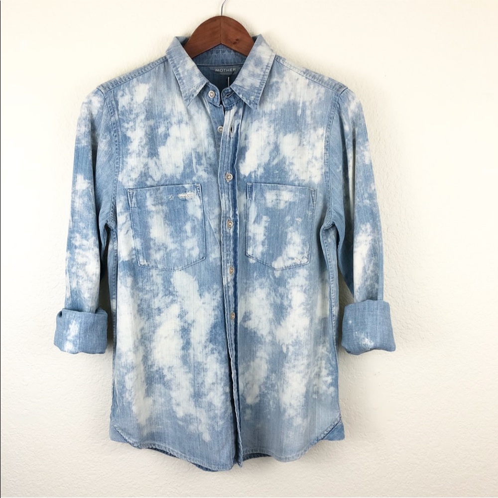 Mother Chambray Bleached Distressed Denim Top